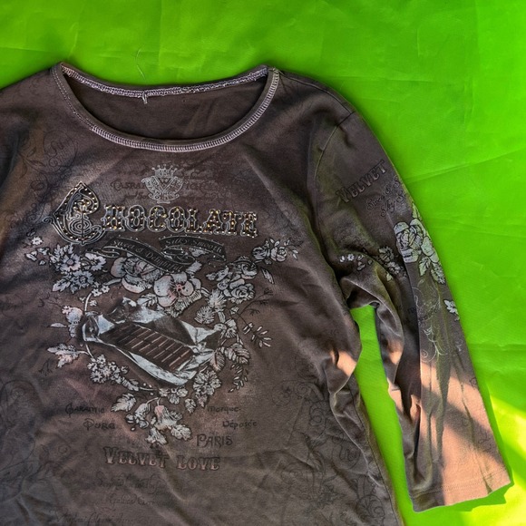 Tops - Large Y2K Womens Brown Chocolate Rhinestone Long Sleeve Top Love Paris Graphic